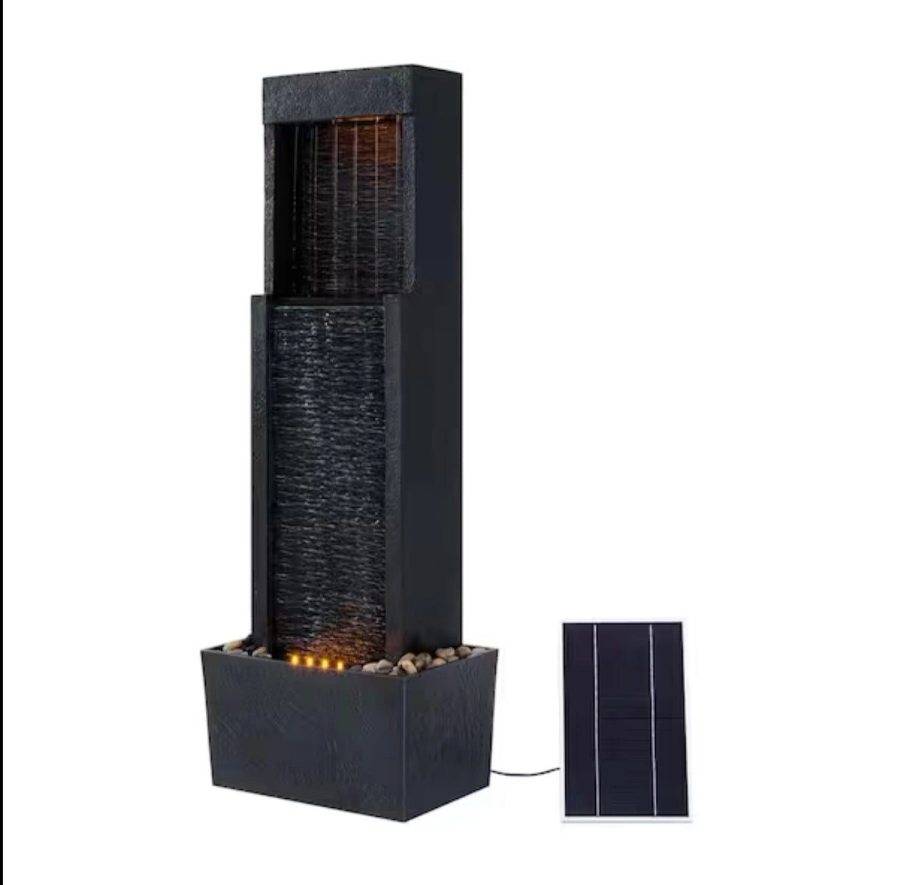 38-inch solar-powered gray slate waterfall fountain with LED lights featuring a modern rectangular design.