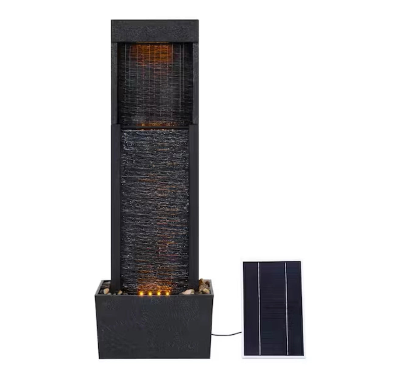 38-Inch solar-powered gray slate waterfall fountain with LED lights, featuring a rectangular design with a composite material construction.