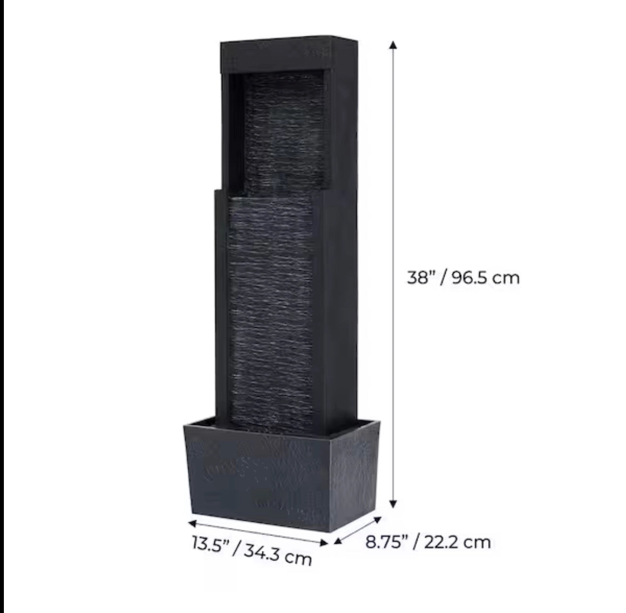 A 38-inch solar-powered gray slate waterfall fountain with LED lights, featuring a rectangular design and modern artistic elements.