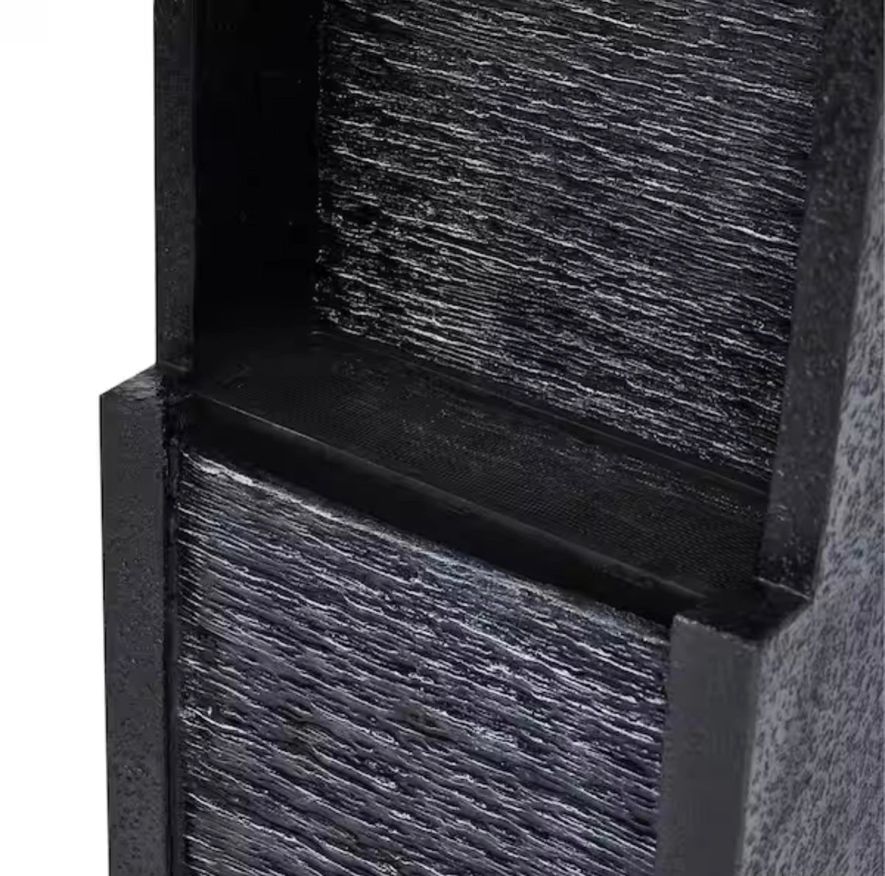 38-Inch solar-powered gray slate waterfall fountain with LED lights featuring a rectangular base and composite material construction.