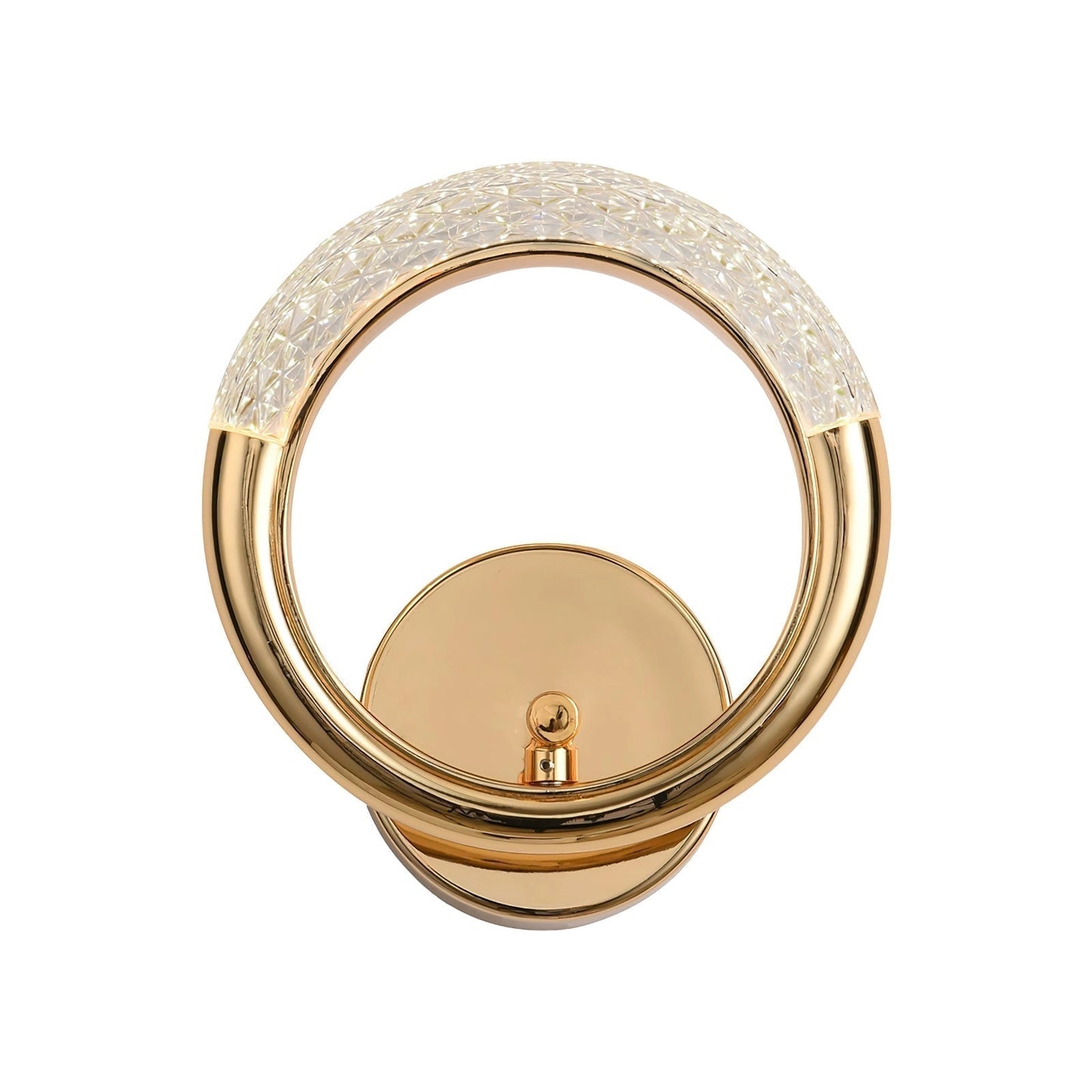 Luxurious gold rotatable wall lamp with a cool light, featuring an adaptable angle design. The lamp has a metallic finish and measures ∅ 8.3″ x H 9.4″.