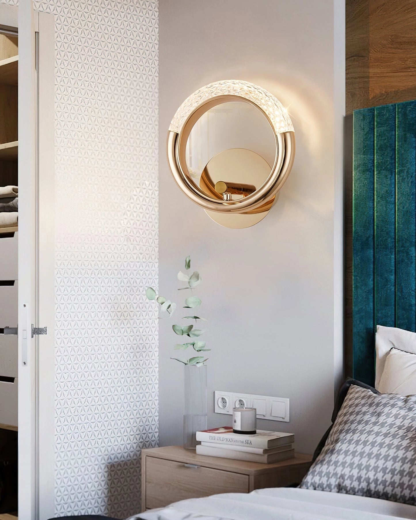 Luxurious metallic rotatable wall lamp with adaptable angle, mounted on a wooden wall in a modern interior setting.