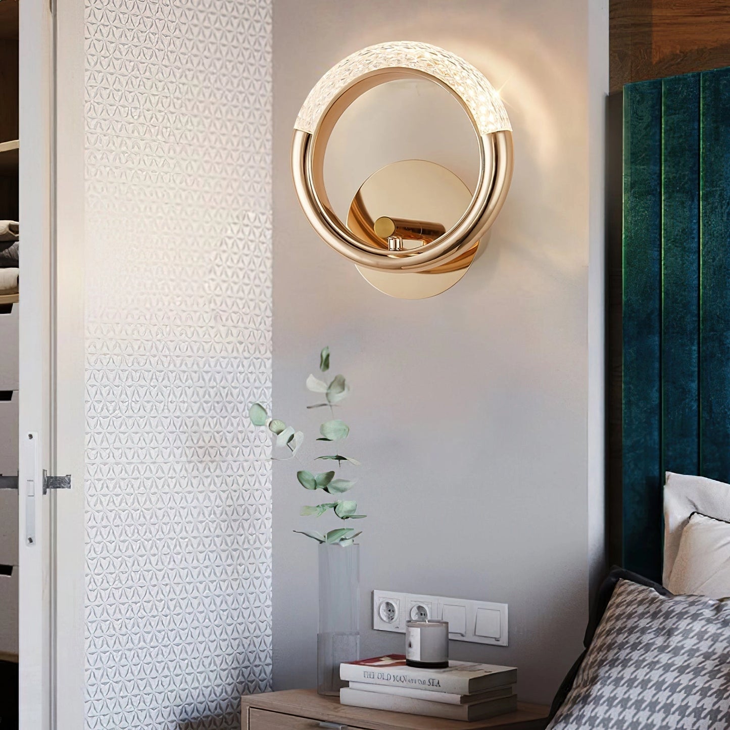 Luxurious metallic adaptable angle rotatable wall lamp mounted on a wooden wall in a modern interior design setting with mirrors and doors.