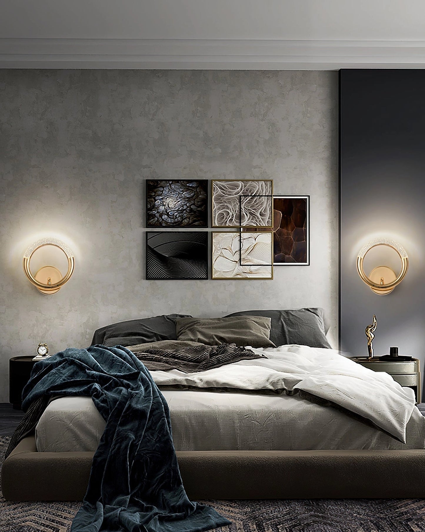 Luxurious metallic adaptable angle rotatable wall lamp illuminating a modern interior with picture frames and comfortable furniture.