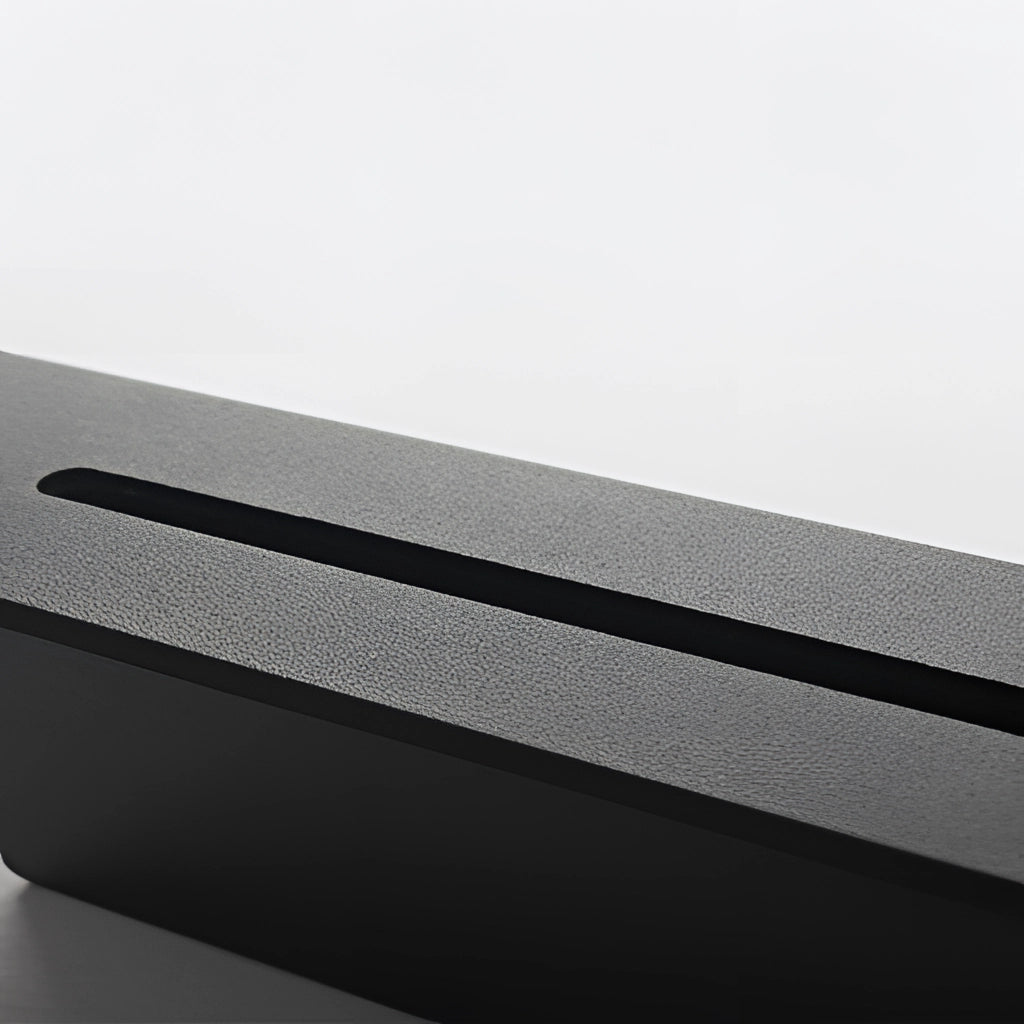 Modern rectangular ambient glow wall light with a sleek black, white, and light grey aluminum body, suitable for indoor and outdoor use, mounted on a wooden wall.