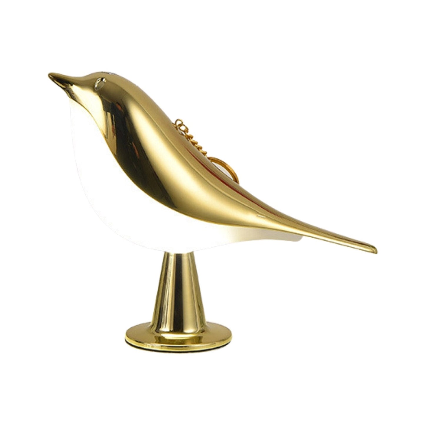 A gold bird-shaped cordless table lamp with dimmable LED light, featuring intricate metal and wood design elements.