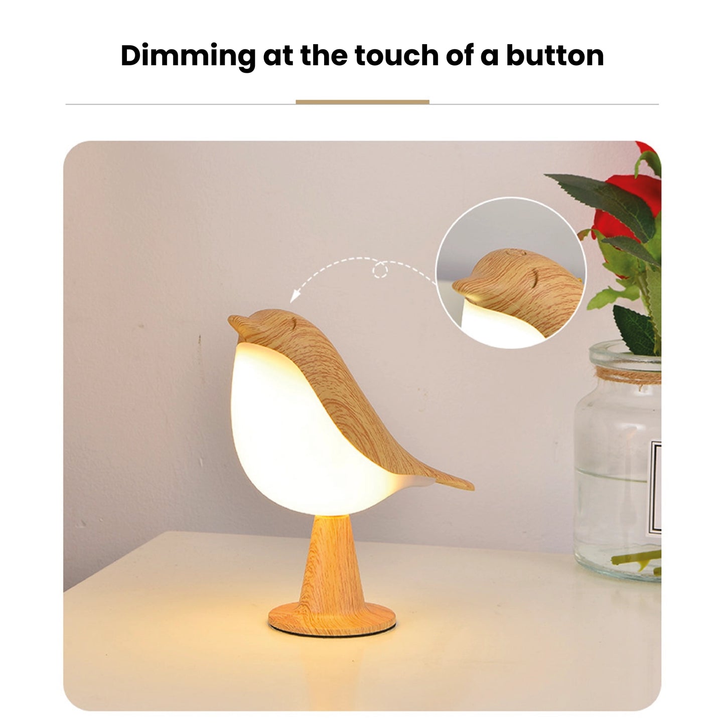 A dimmable LED cordless table nightstand light shaped like a bird, surrounded by houseplants and wooden decor items.