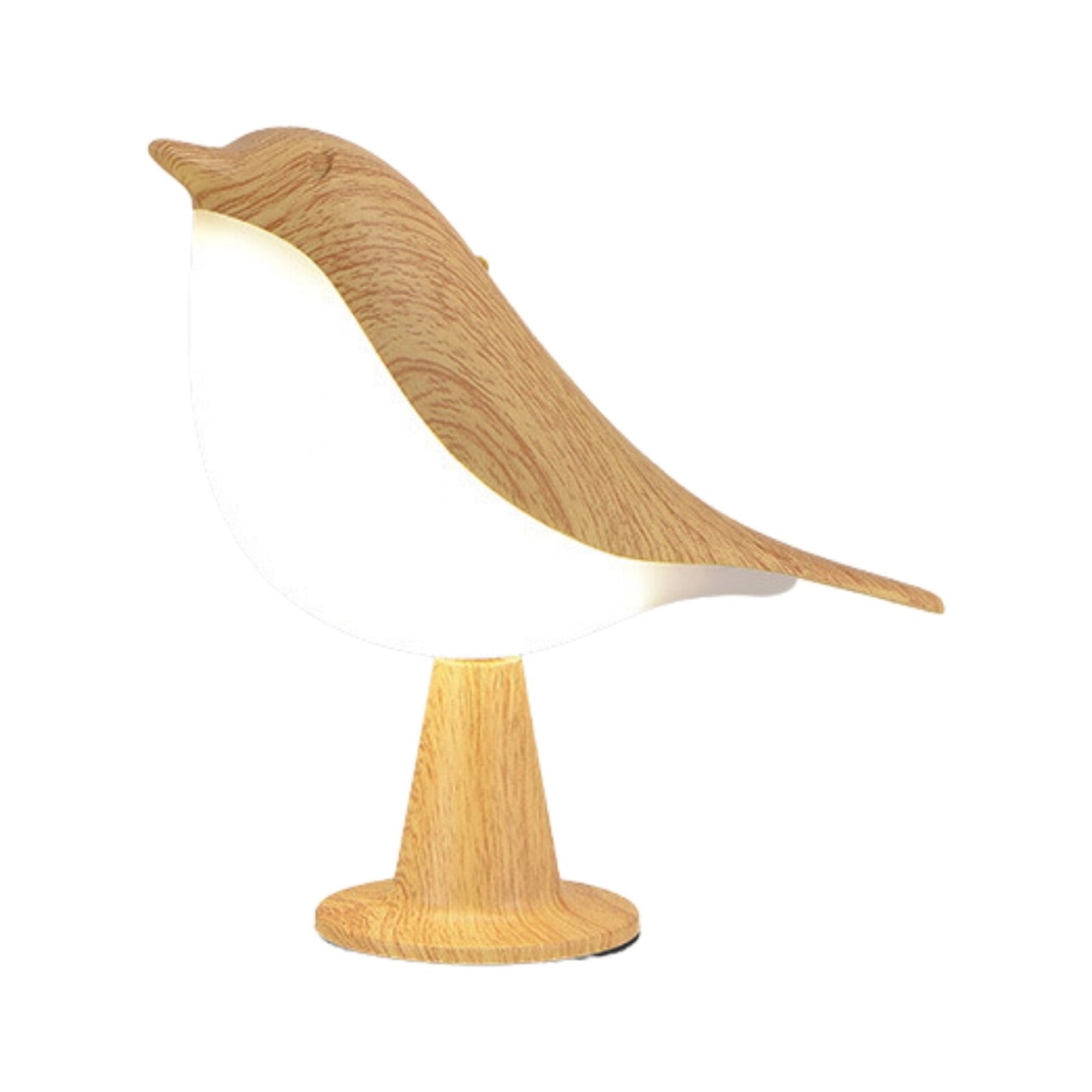 Dimmable LED cordless table nightstand light shaped like a bird, made from oak wood.