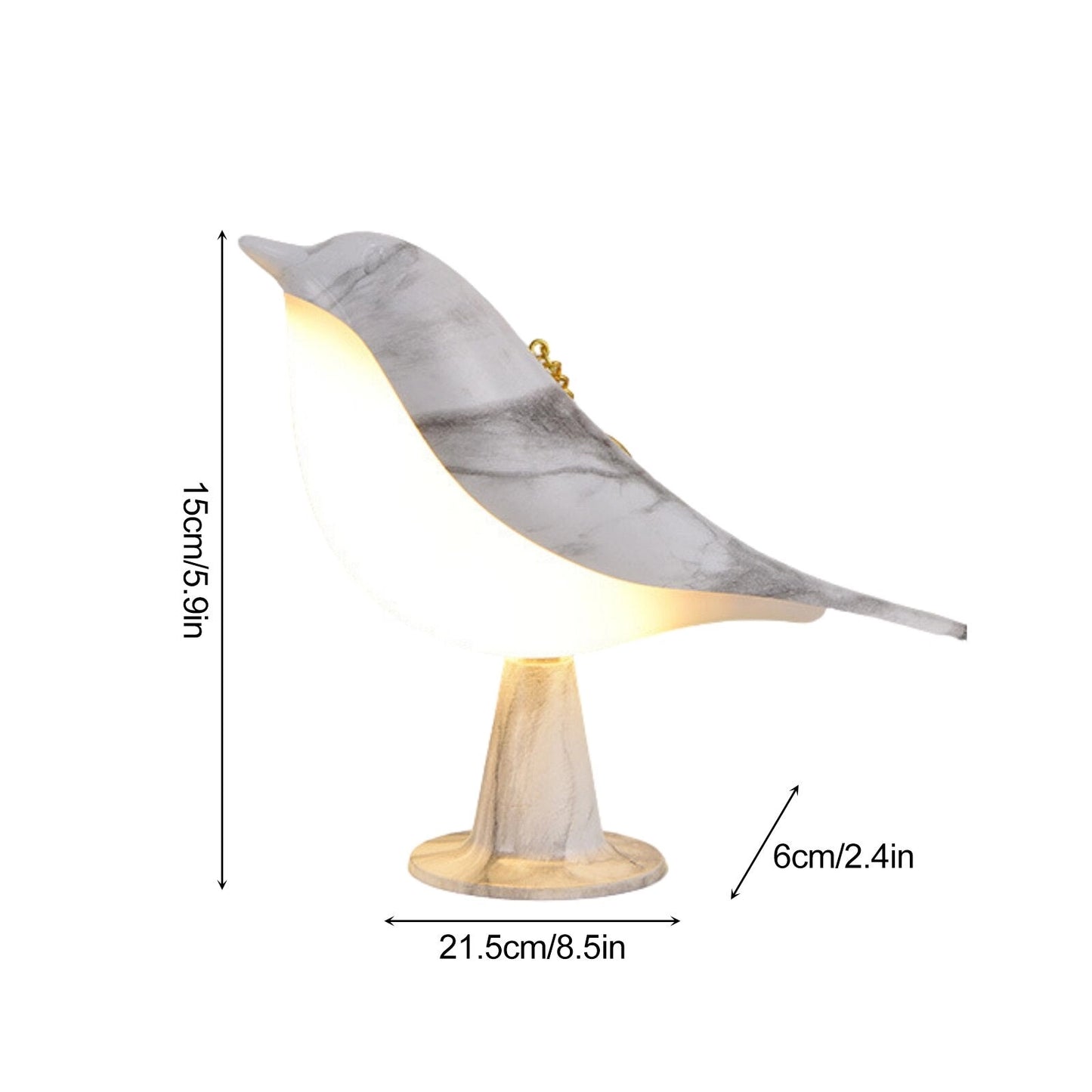 A dimmable LED cordless table nightstand lamp shaped like a bird, placed on a wooden surface next to a chair.