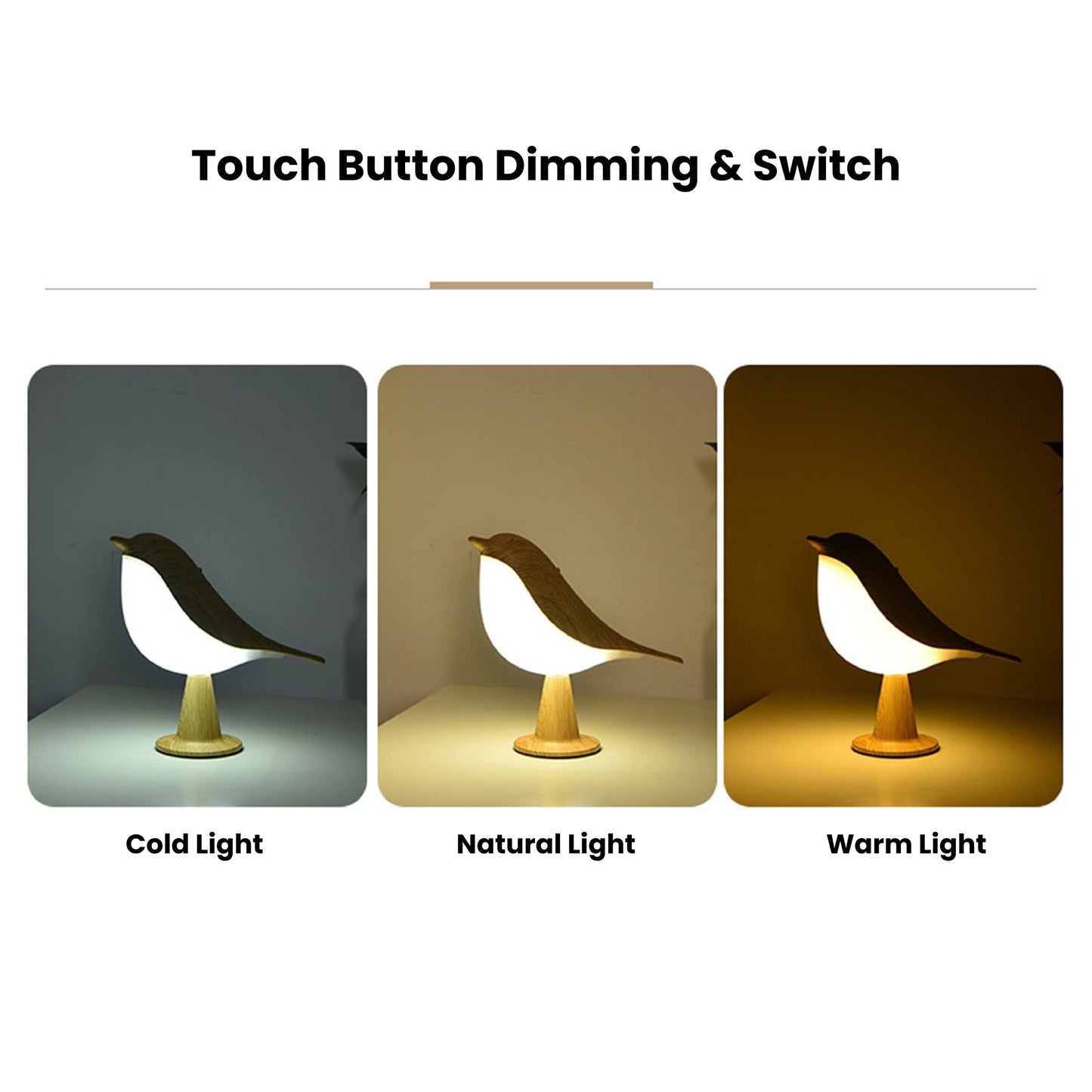 A dimmable LED cordless table nightstand light featuring a bird design.