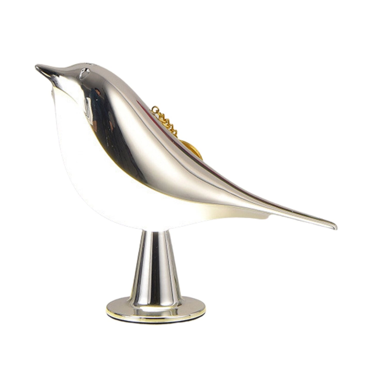 Silver Bird Lamp Dimmable LED Cordless Table Nightstand Light with bird-shaped design and metallic finish on a table.