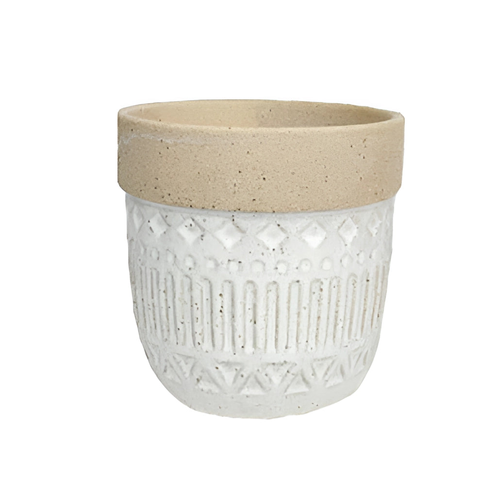 Ceramic Island Holiday Plant Pots, Phi Phi variant, featuring rectangular and cylindrical shapes with artistic designs, displayed on a wooden and concrete floor.
