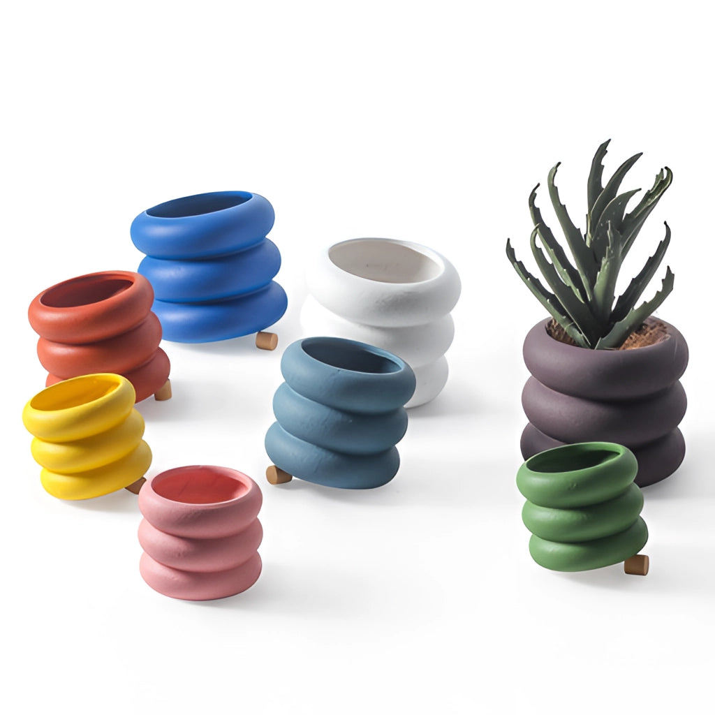 Ceramic round plant pot in magenta and electric blue, holding a terrestrial plant, displayed on a wooden surface.