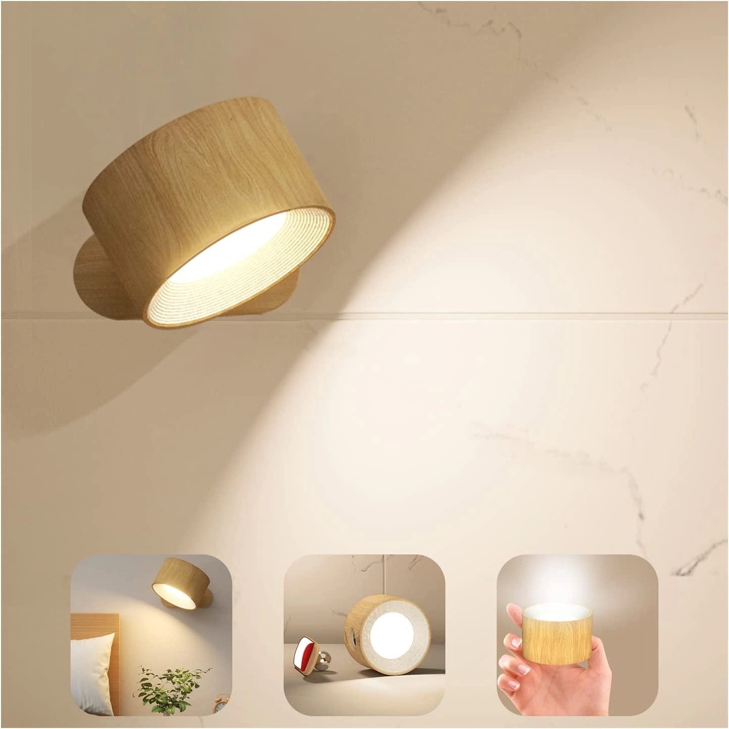 Cordless LED wall lamp with adjustable brightness and color modes, featuring a sleek rectangular design with a wooden finish, mounted on a wall and emitting a soft yellow light.