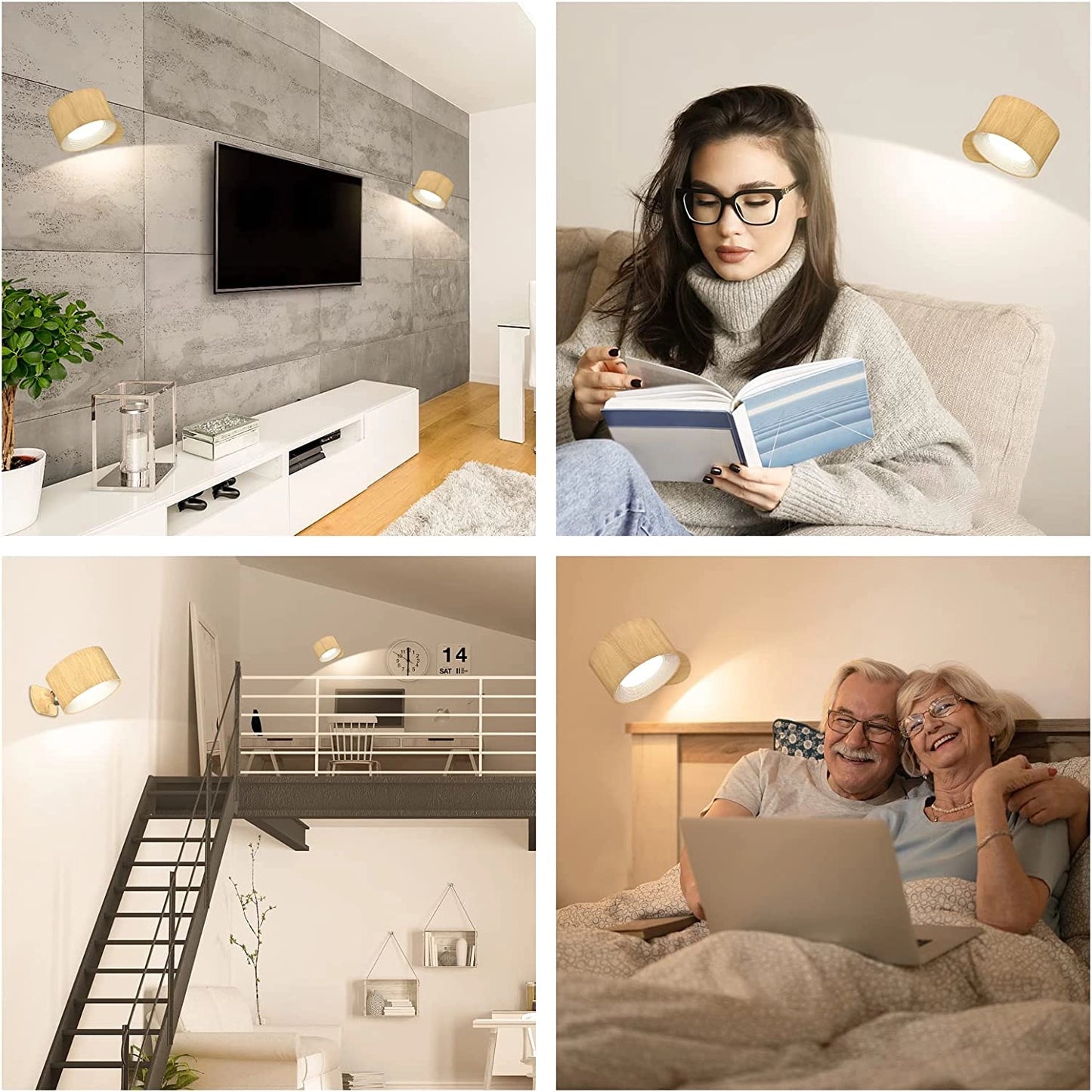 Cordless LED wall lamp with adjustable brightness and color modes mounted on a white wall above a comfortable couch in a modern interior design setting.