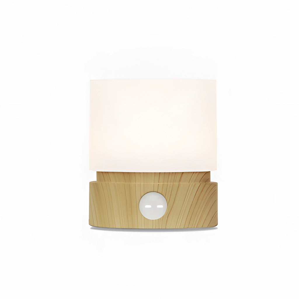 Cordless table lamp with a wooden base, beige rectangular shade, and adjustable brightness settings.