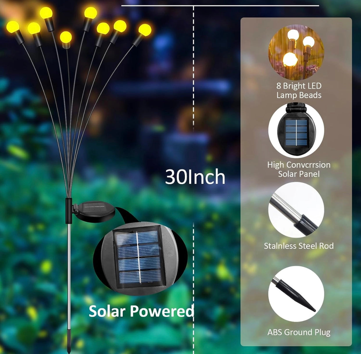 Enhanced Solar Powered 8 LED Lights placed on grass in a garden setting.
