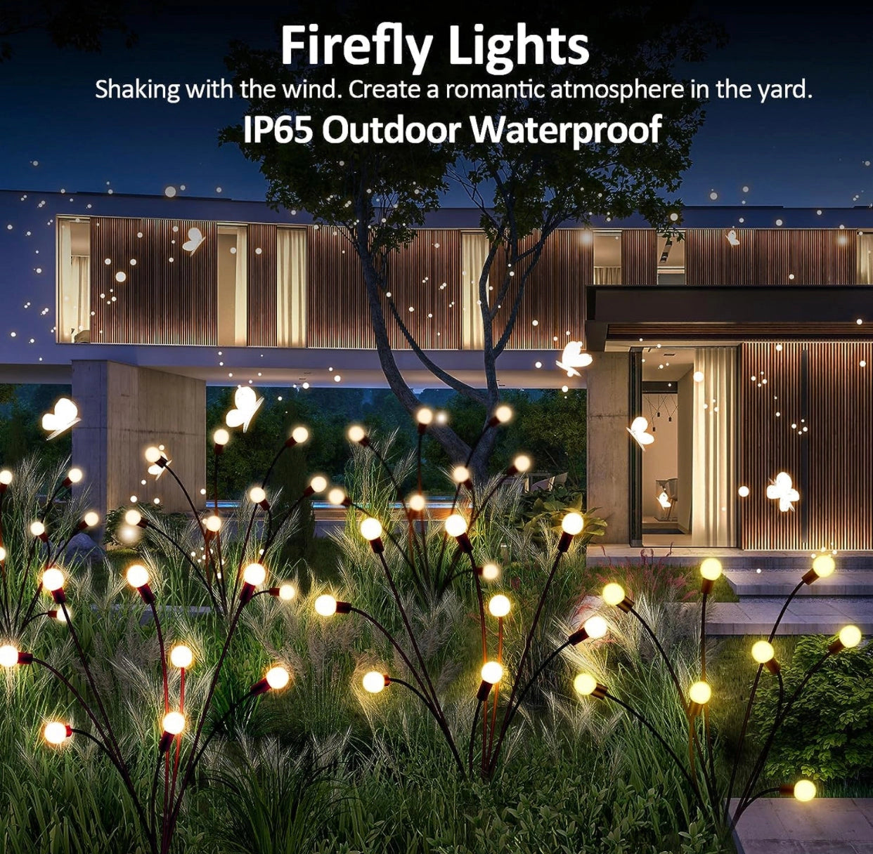 Enhanced Solar Powered 8 LED Lights Quad Pack illuminating a residential area with trees and buildings in the background.