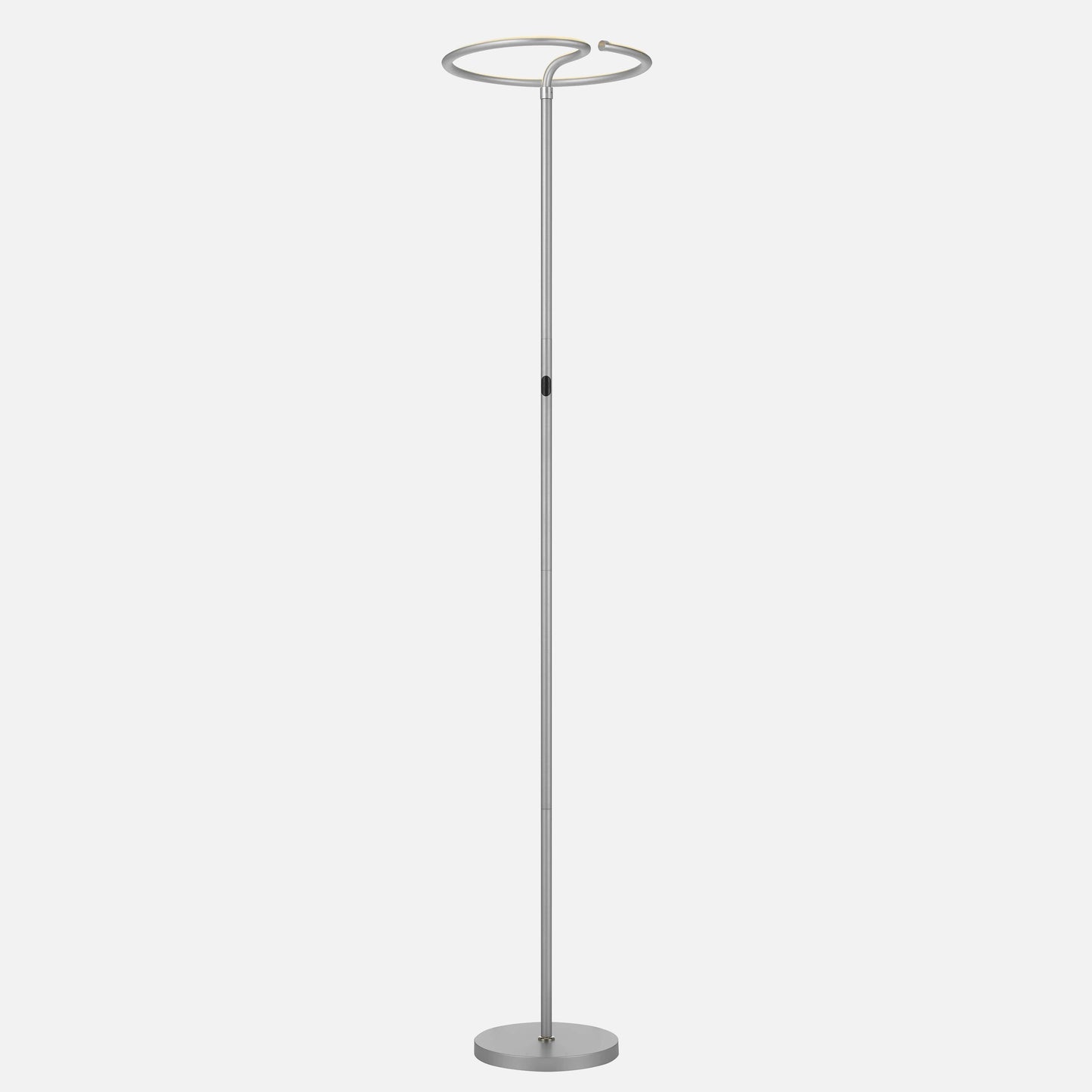 Energy efficient floor lamp with LED touch dimmer, featuring a sleek metal uplighter design and modern symmetry.