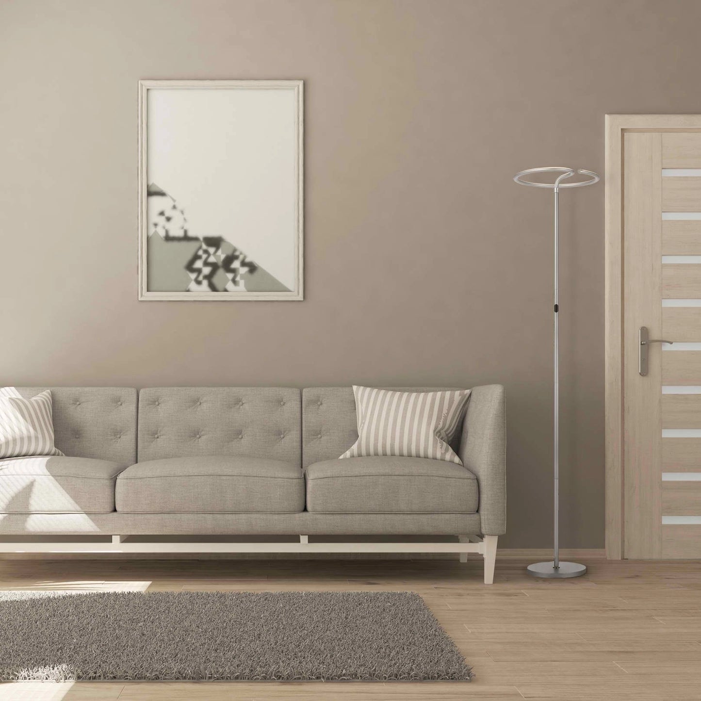 Modern energy-efficient LED floor lamp with a touch dimmer feature, designed in a sleek metal finish, standing in a cozy living room with grey flooring, a grey couch, and wooden accents.