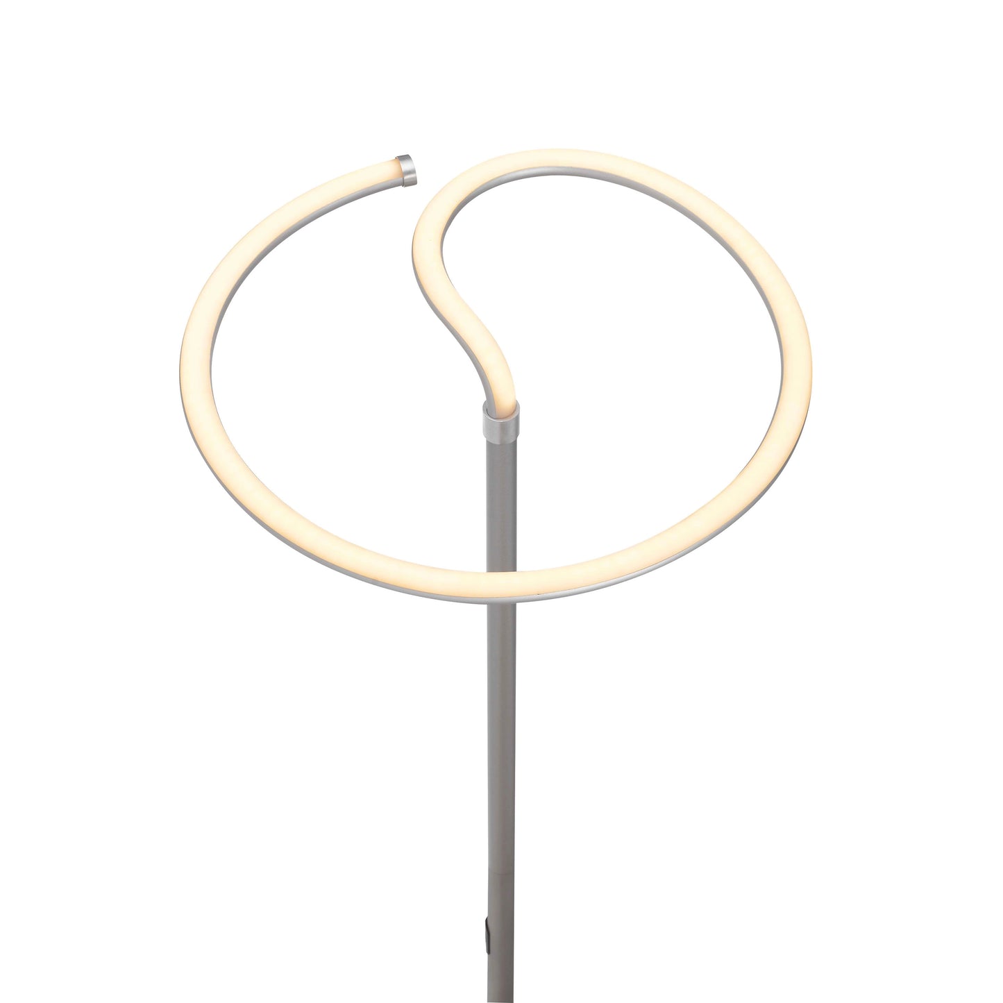 A modern floor lamp featuring an LED touch dimmer, energy-efficient design, and metal uplighter, positioned next to a chair and a shelf with a plant.