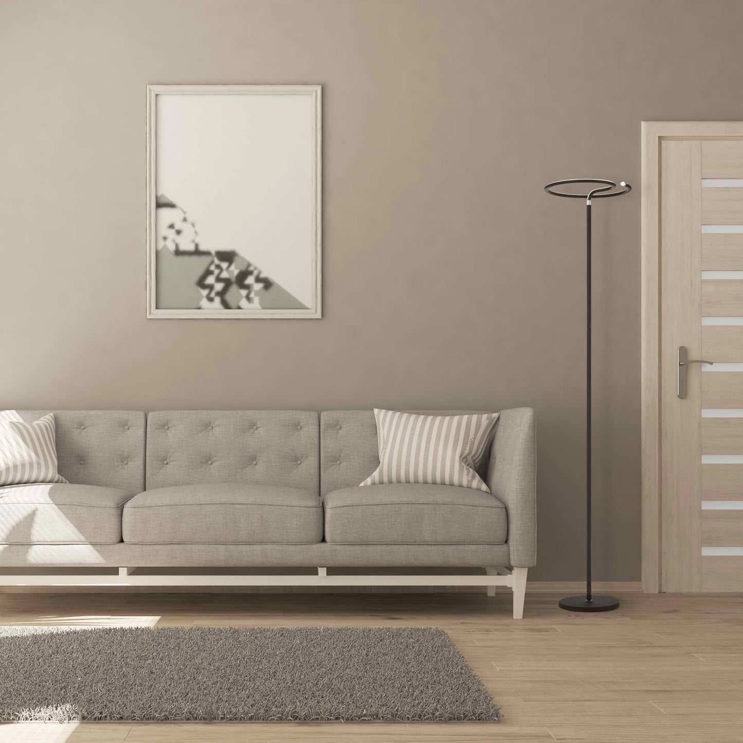 LED floor lamp with touch switch dimmer, child-safe sturdy design, placed in a modern living room with grey walls, wooden flooring, and minimal furniture.