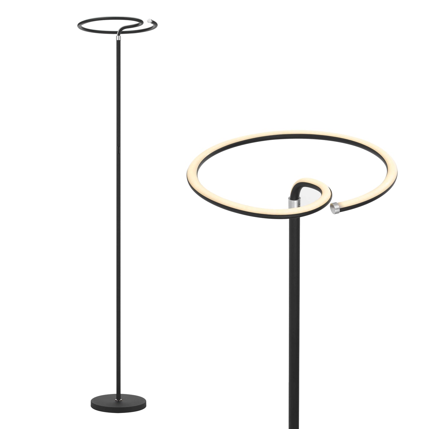 Modern floor lamp with LED touch switch dimmer, featuring a rectangular base, cylindrical body, and circular lamp head, made from metal and glass for a sturdy, child-safe design.