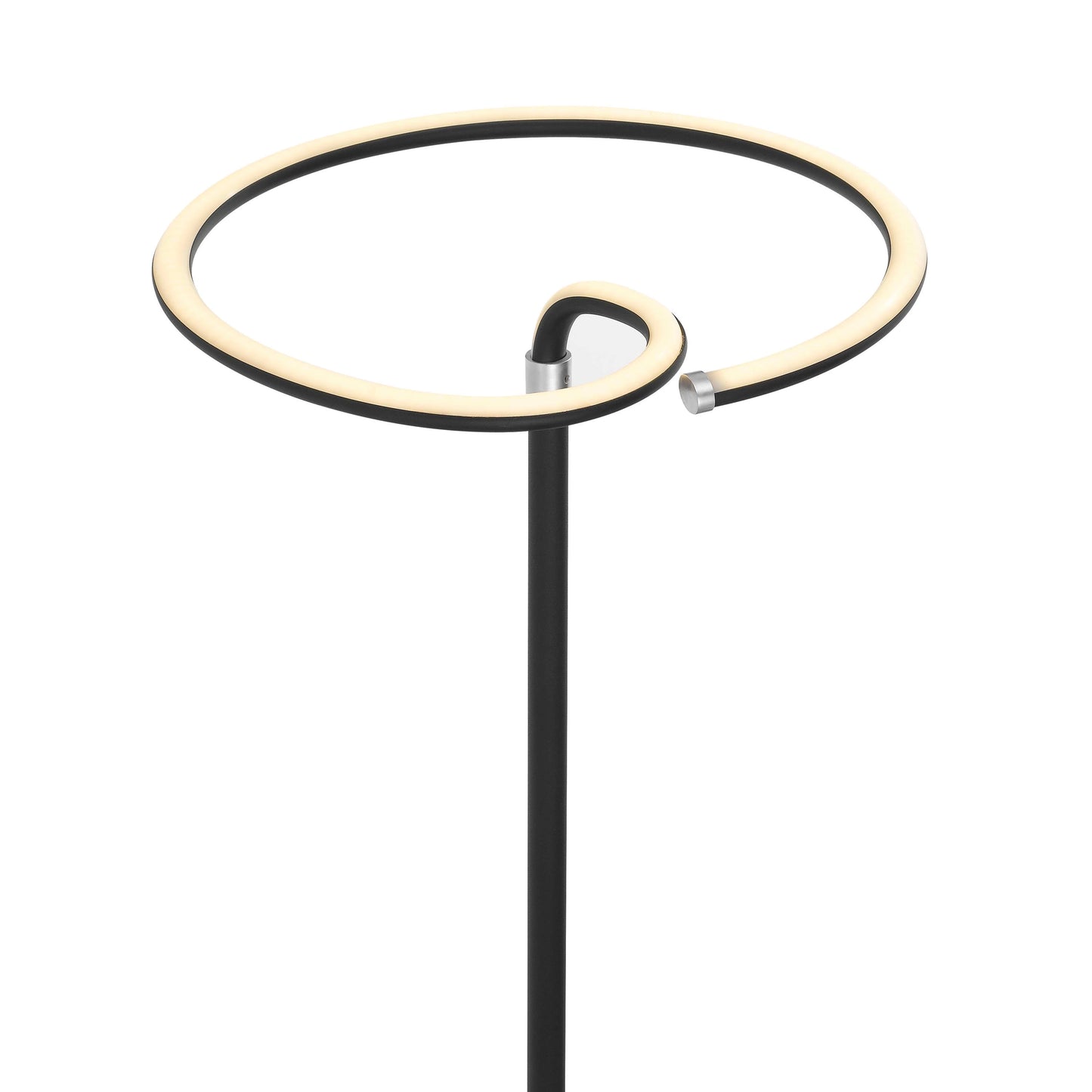 Modern floor lamp with LED touch switch dimmer, featuring a child-safe and sturdy design, standing next to a table with various items including drinkware and a fashion accessory.