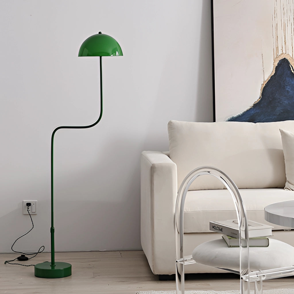 Floor lamp with green and white tricolor light, showcasing quality craftsmanship, set in an interior design space with wooden flooring.