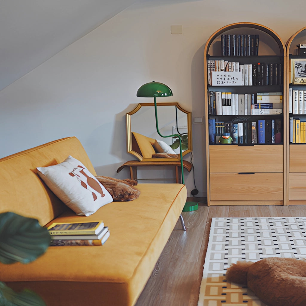 Floor lamp with organic inspiration, featuring quality craftsmanship, green, white tricolor light, placed on a wooden floor next to shelving.