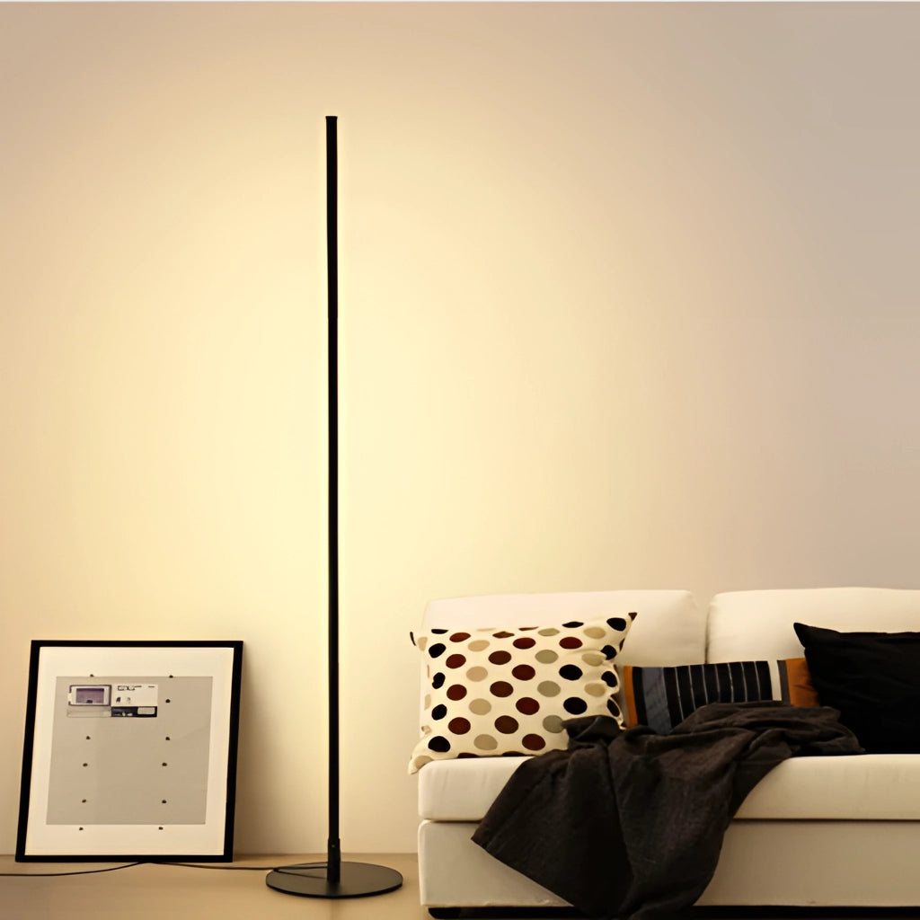 Avant-garde style floor lamp with versatile lighting, standing on a wooden floor next to a picture frame.