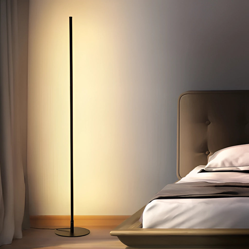Avant-garde style floor lamp with a rectangular white shade and wooden base, placed on hardwood flooring near a curtain.