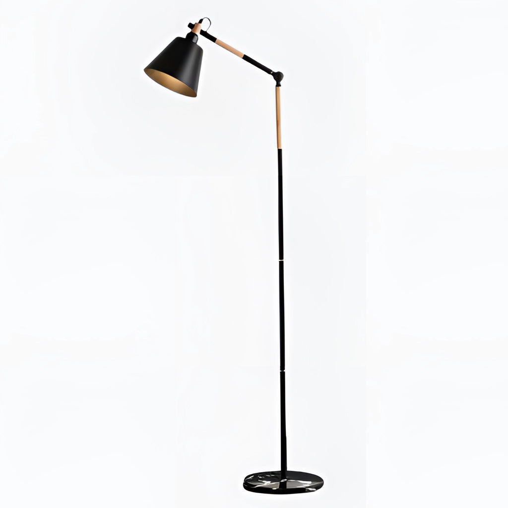 Black floor lamp with a marble base and versatile lighting, featuring a sleek metal design and adjustable light fixture.