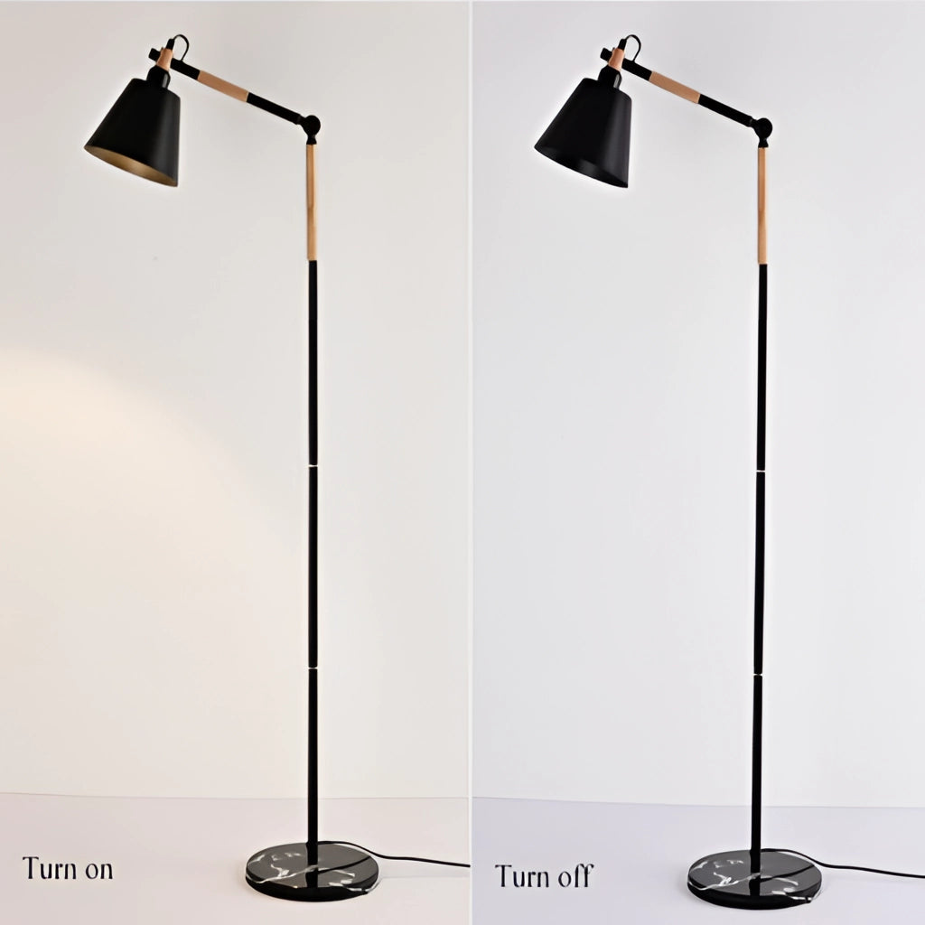 Floor lamp with marble base and versatile lighting, featuring a sleek aluminum fixture.