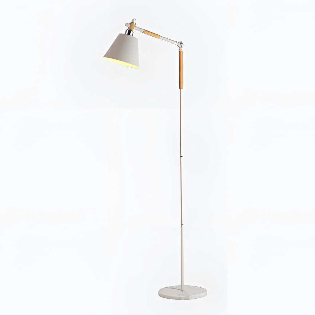 White floor lamp with marble base and versatile lighting, featuring a sleek pole design and adjustable light fixture, suitable for modern interiors.