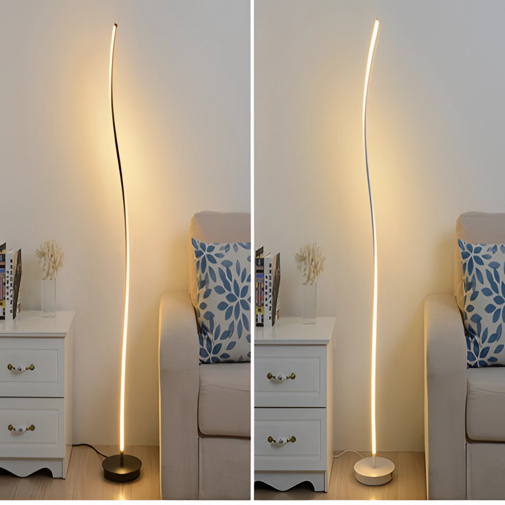 A modern floor lamp with remote control, offering three adjustable light temperatures, standing in a stylish living room with wooden furniture and cabinetry in the background.