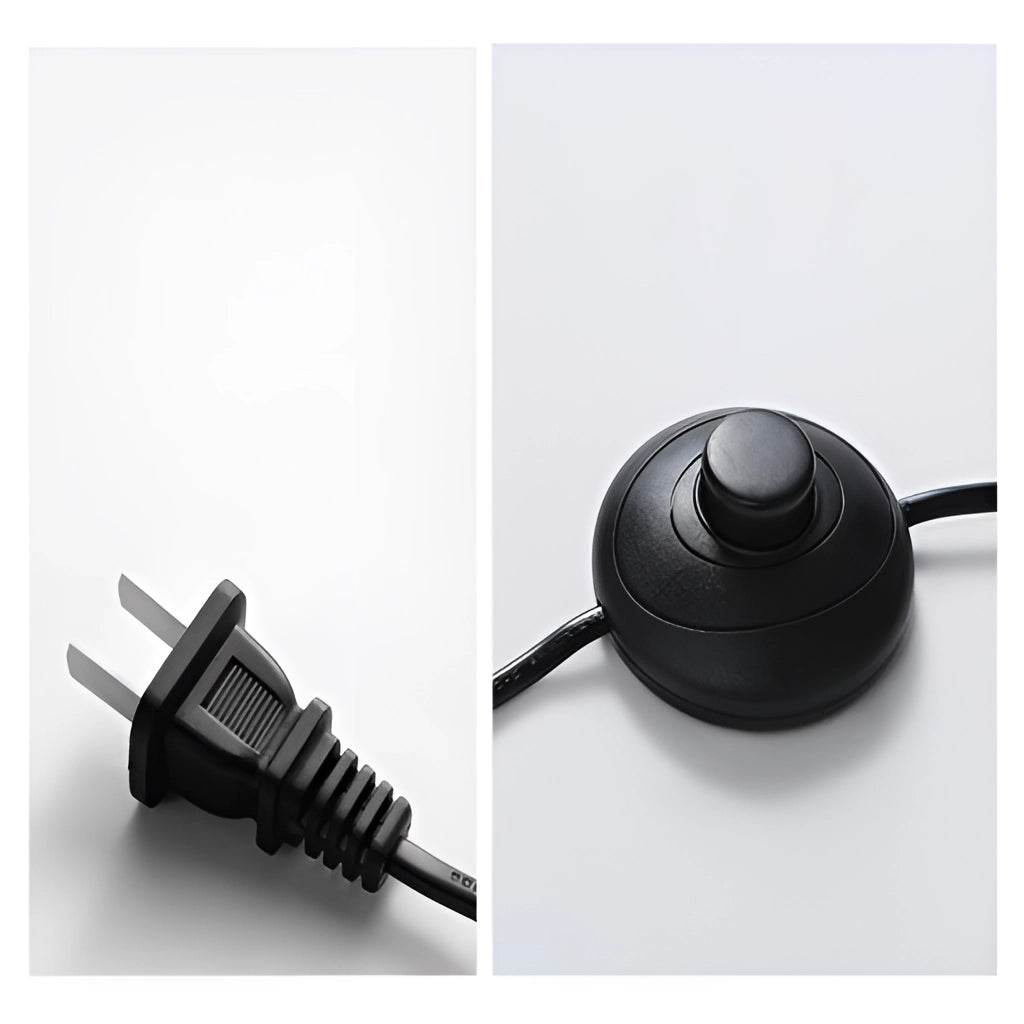 A floor lamp with rotative adjustment and plug-in installation, featuring a sleek and modern design, with an adjustable head and visible power cable.