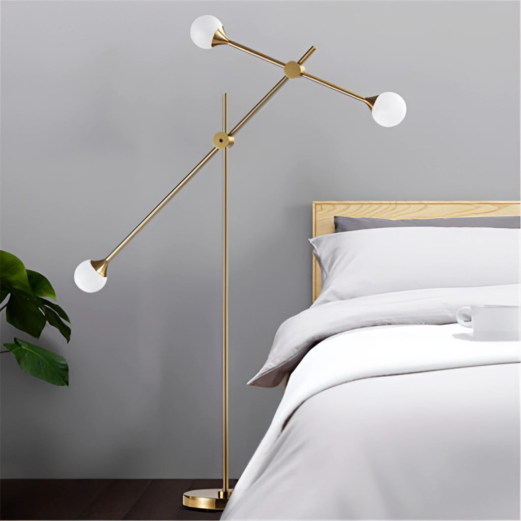 A floor lamp with rotative adjustment and plug-in installation featuring a sleek wooden base, a rectangular shade, and positioned near a wall shelf.