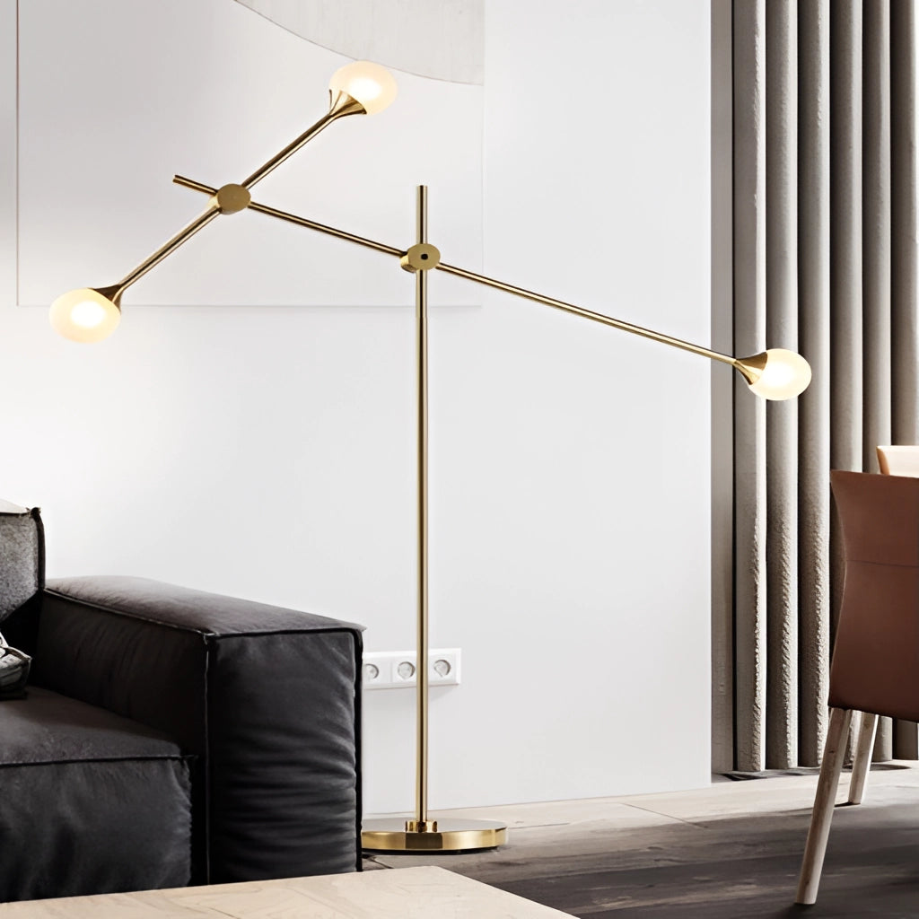 Floor lamp with a rotative adjustment feature and plug-in installation, placed on a wooden floor next to a comfortable couch with a rectangular shade.