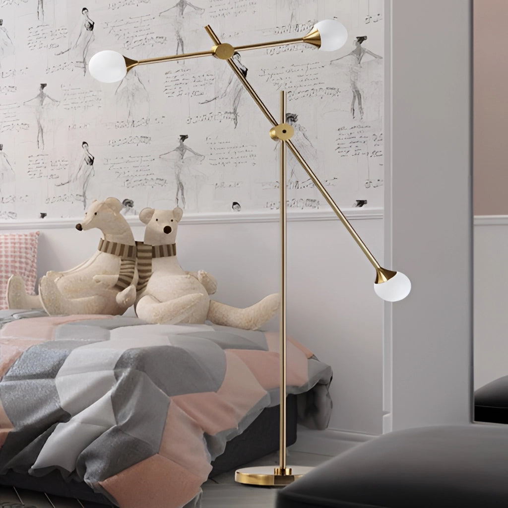 Floor lamp with rotative adjustment and plug-in installation placed in a cozy bedroom setting with bedding and a drawer in the background.
