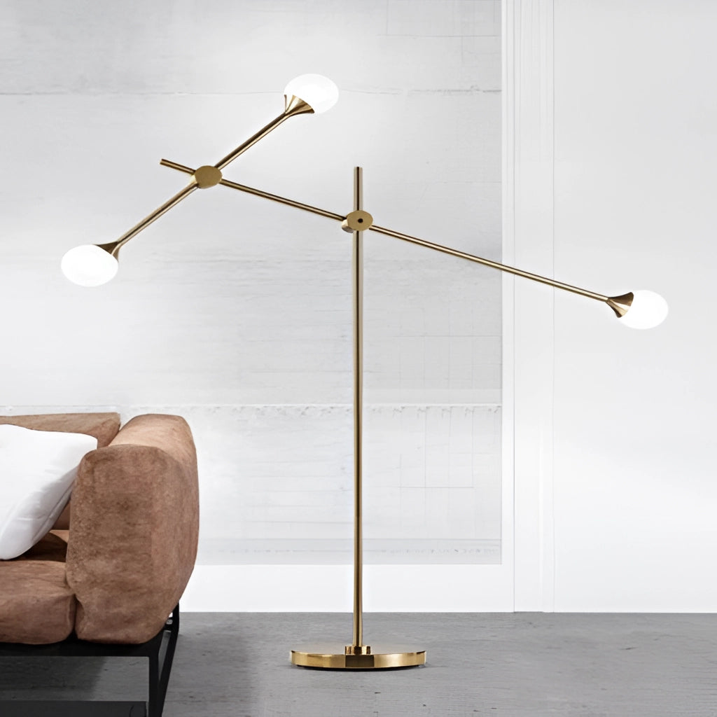 A floor lamp with rotative adjustment, featuring a wooden pole and metal base, placed on a hardwood floor next to a chair.