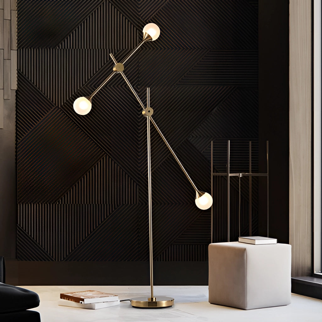 A modern floor lamp with rotative adjustment and plug-in installation, featuring a sleek black and white design with wooden accents, standing on a wooden floor.