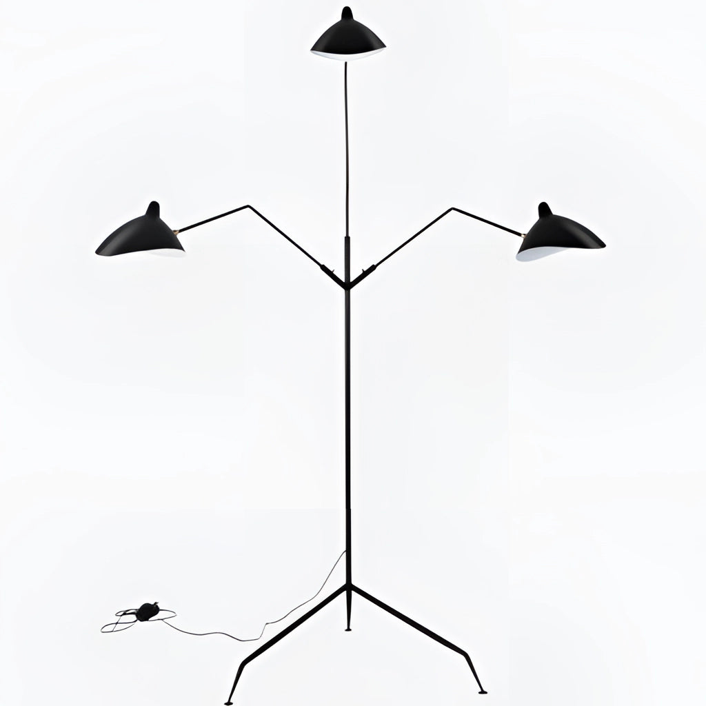 Floor lamp with a tripod base and directional light, showcasing a symmetrical design and triangular structure.