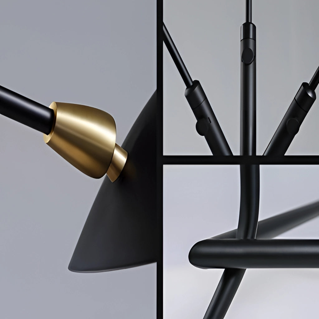 Floor lamp with a tripod base and directional light, made of metal and composite materials, featuring a cylindrical steel frame.