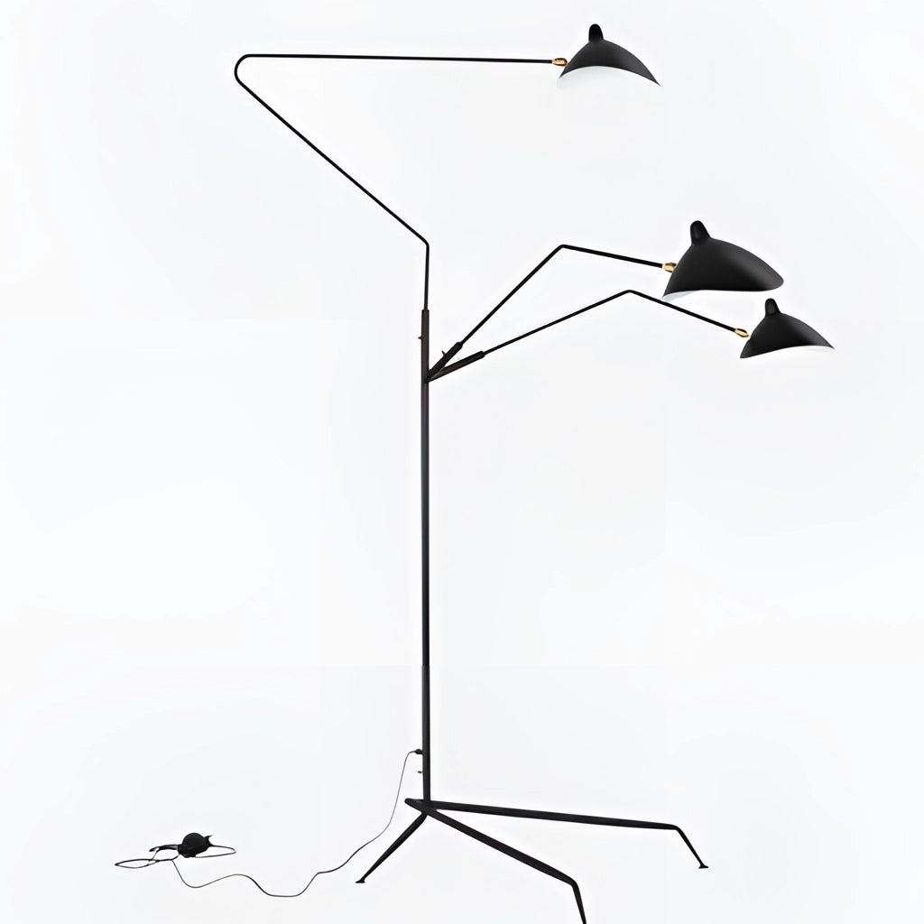Black floor lamp with tripod base and directional light, featuring a modern and artistic design with sleek lines and geometric shapes.