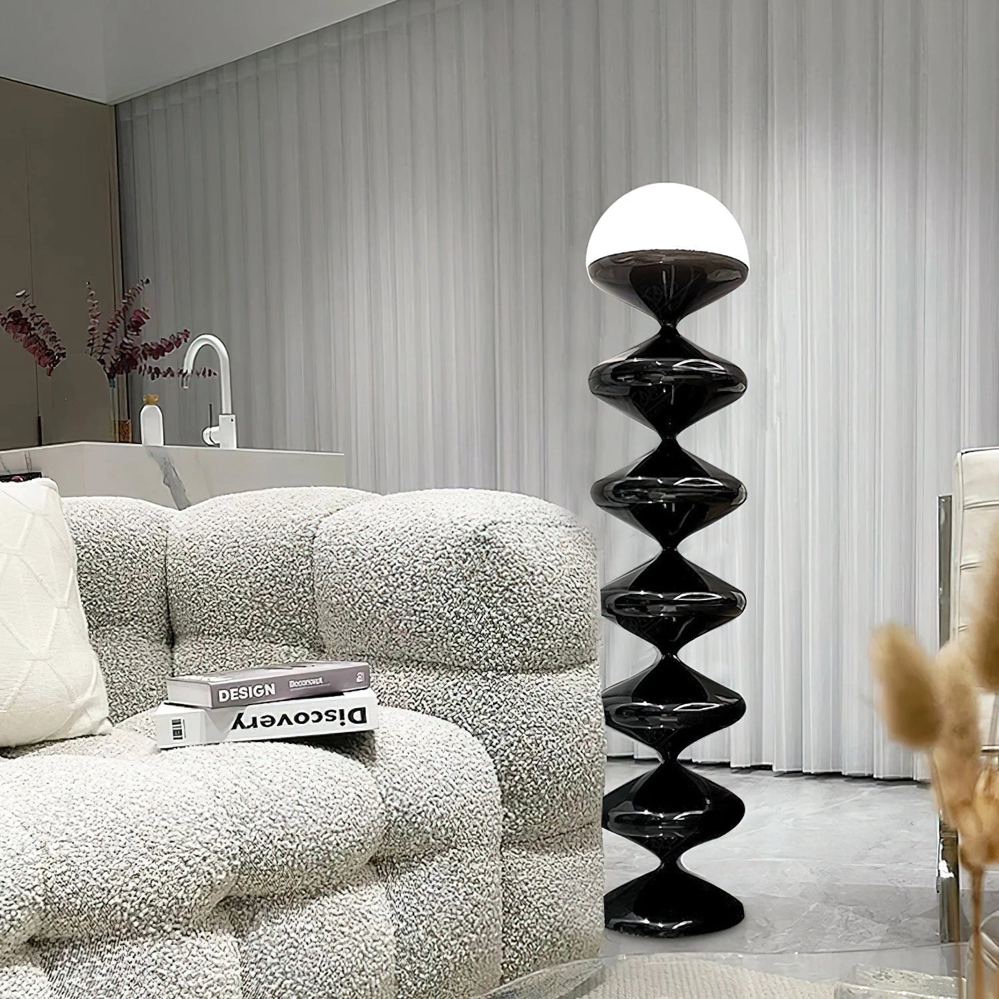 Modern elegant floor lamp with twisted gourd design in a cozy living room setting, featuring wooden furniture and stylish interior decor.
