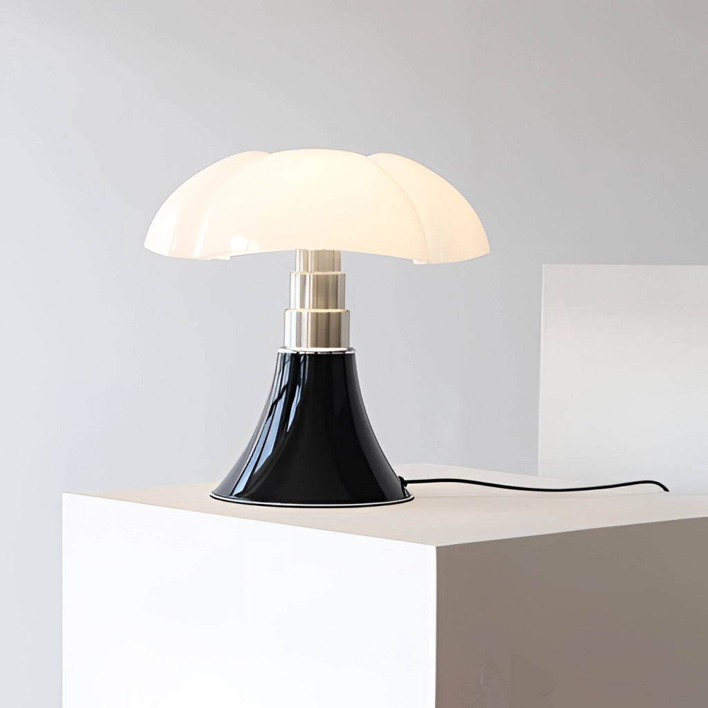 Floral design table lamp with adjustable height and LED light, featuring a wooden base, rectangular lampshade, and artistic floral pattern.