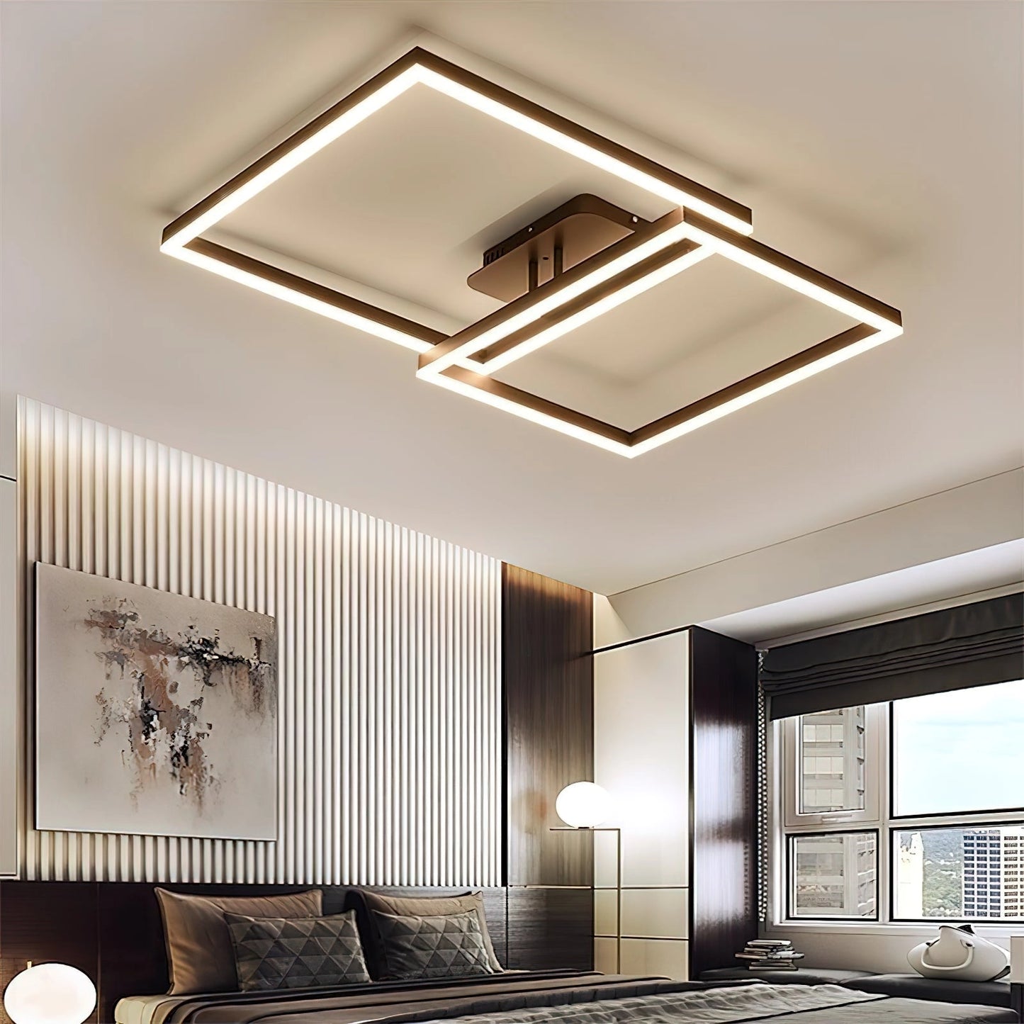 Modern geometric aluminum pendant light with LED technology hanging over a wooden table in a stylishly designed interior space with large windows.