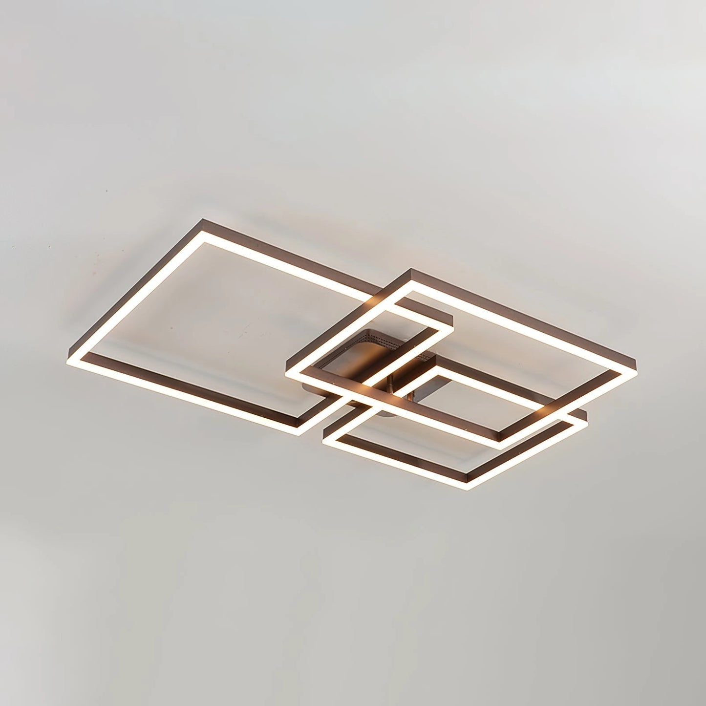 Modern artistic geometric aluminum pendant light with LED technology, rectangular brown design, featuring cool light.