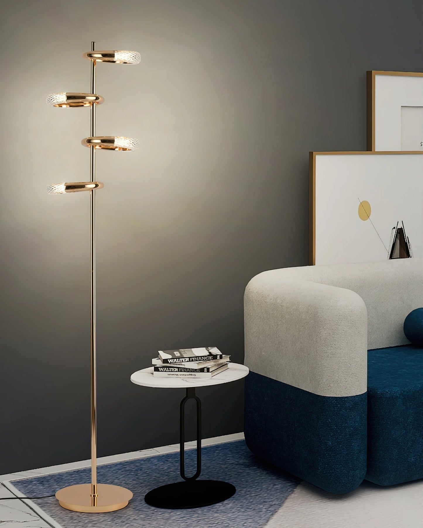Gold Diamond-Patterned Adjustable Angles Floor Lamp placed next to a grey couch and a shelving unit.